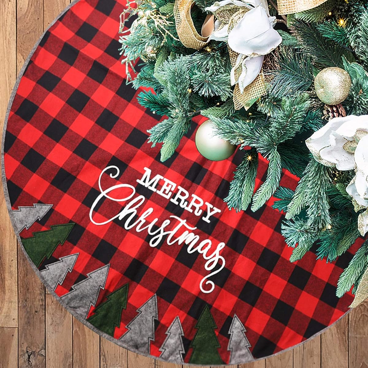 Juegoal 48 Inch Christmas Tree Skirt, Soft Red and Black Plaid Christmas Tree Mat for Xmas Party Decoration, Christmas Tree Holiday Decor - imagen de detalle 6