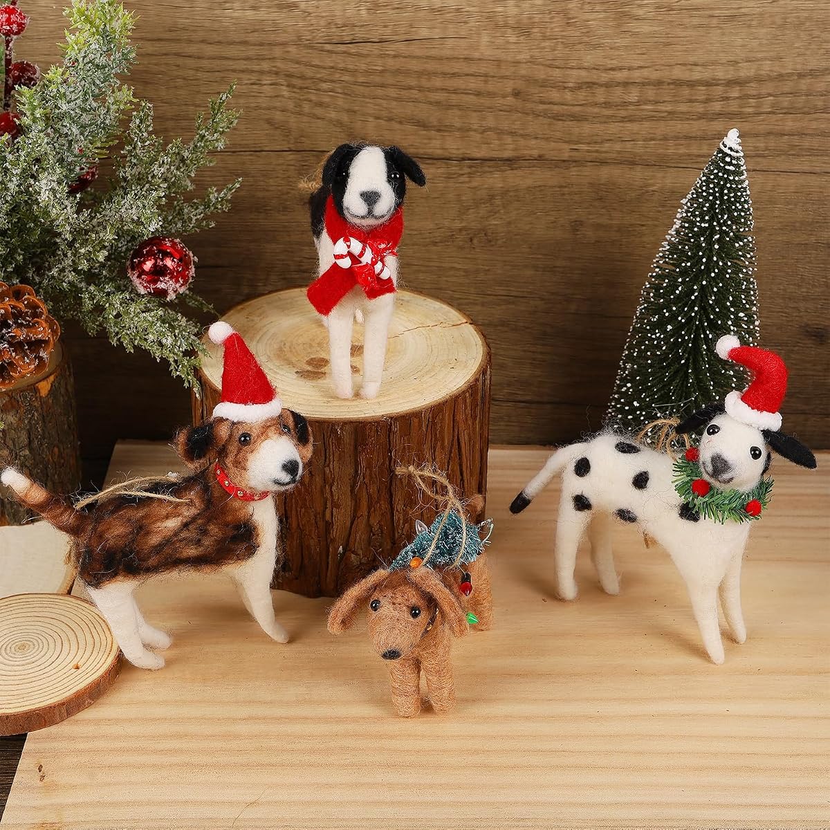 Juegoal Christmas Felt Dogs Ornaments Set of 4, Xmas Wool Puppy Hanging Decor, Felt Animal Crafts Woodland Cute Christmas Tree Wreath Decor for Home Party Supplies - imagem de detalhe 4