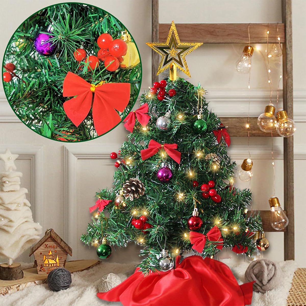 Juegoal 2 Pack Mini Christmas Tree Set 24 Inch / 2 FT, Table Top Artificial Christmas Trees with 50 LED Lights, Xmas Ornaments and Red Berries, Best DIY Christmas Decorations - imagen de detalle 6