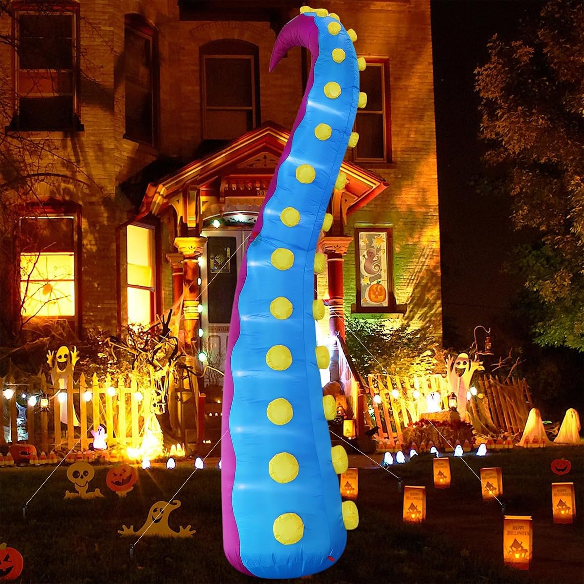 Juegoal 1 PCS Halloween Decorations 11.5FT Tall Inflatable Lighted Giant Octopus Tentacle, Octopus Legs with Lights, Halloween Front Door Window Roof Prop, Outdoor Holiday Blow up Decor - Mold A - 细节图 2