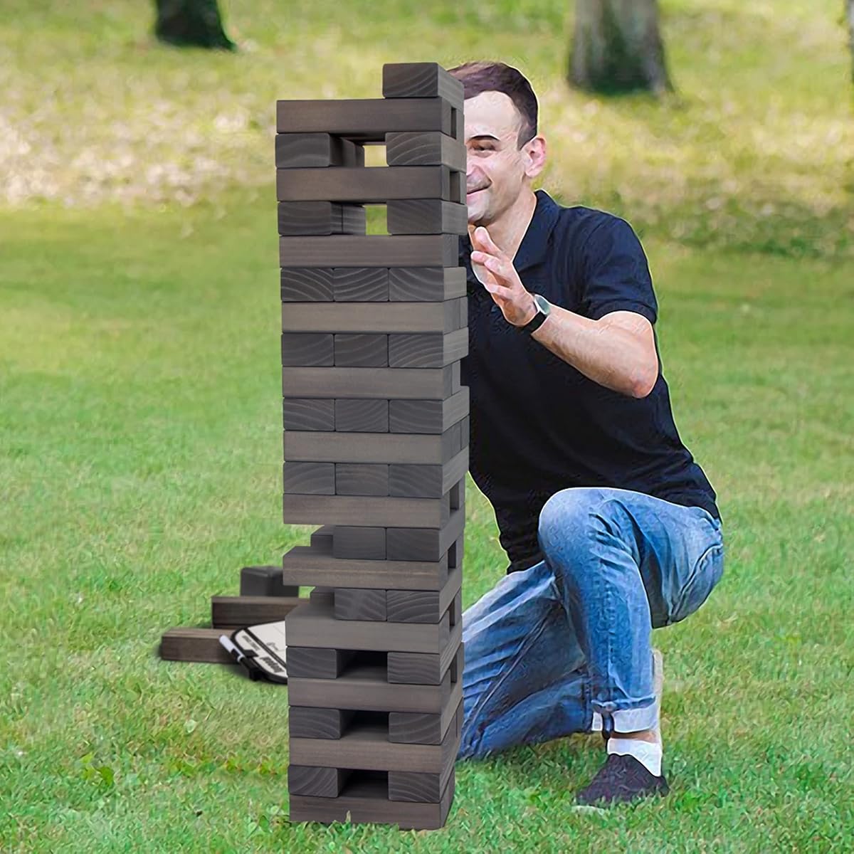 Juegoal 54 Pieces Giant Tumble Tower Blocks Game Giant Wood Stacking Game with 1 Dice Set, Gameboard, Canvas Bag for Adult, Kids, Family, Grey - imagem de detalhe 5