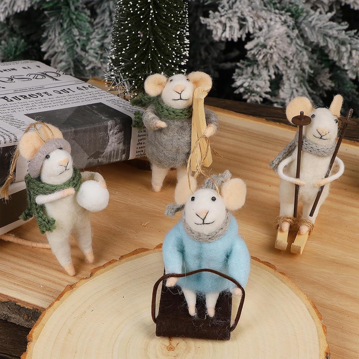 Juegoal Felt Skiing Mice Ornaments Set of 4, Winter Xmas Wool White Mouse Hanging Decor, Felt Animal Crafts Woodland Cute Christmas Tree Wreath Decor for Home Party Supplies - detail image 2
