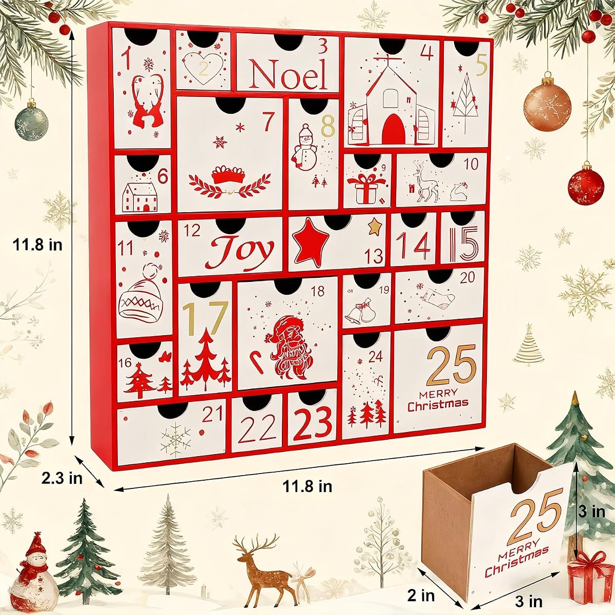 Juegoal Advent Calendar, 11.8'' Red Wooden Advent Calendars with 25 Storage Drawers Countdown to Christmas 2025, Christmas Advent Holiday Decor - imagen de detalle 1
