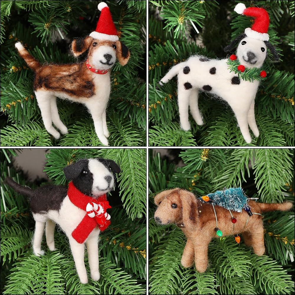 Juegoal Christmas Felt Dogs Ornaments Set of 4, Xmas Wool Puppy Hanging Decor, Felt Animal Crafts Woodland Cute Christmas Tree Wreath Decor for Home Party Supplies