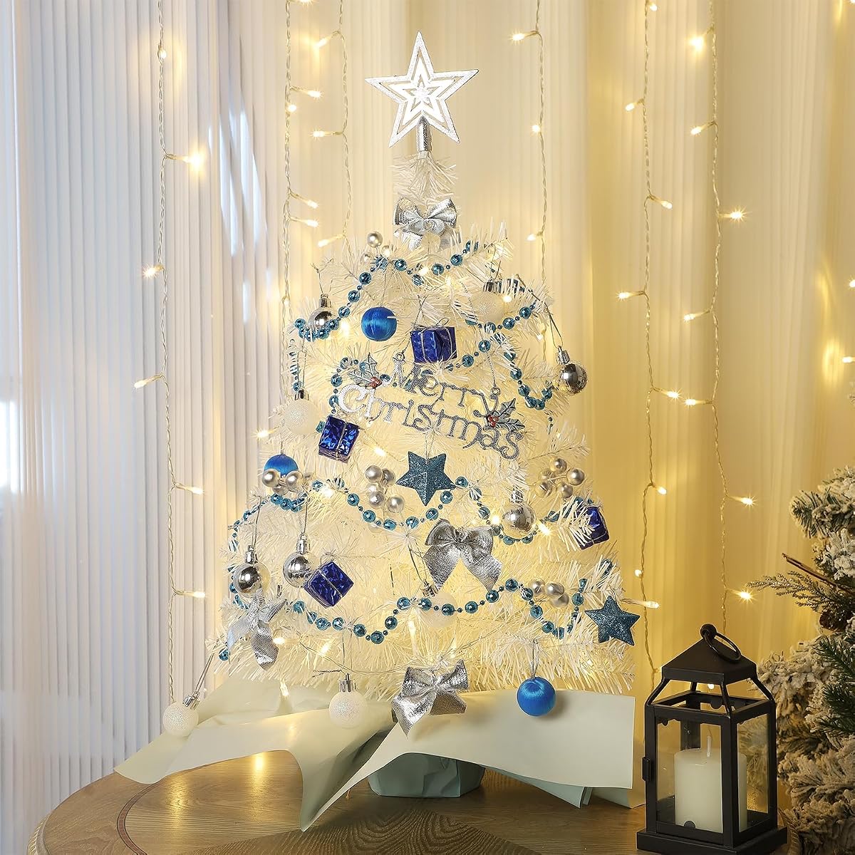 Juegoal White Mini Christmas Tree, 24 Inch/2 FT Lighted Tabletop Artificial Xmas Pine Tree, Small Spruce Tree Light Up Battery Operated & Timer with 50 LED Lights, for Holiday Winter Home Party Decor - 细节图 2