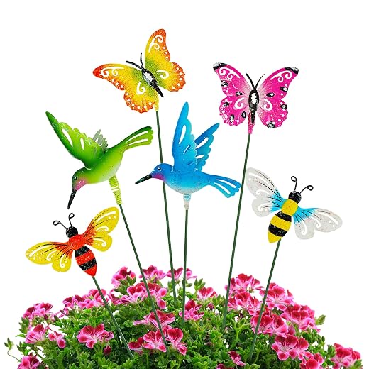 Juegoal 6 Pack Metal Yard Stakes Spring Decor, 15 Inch Outdoor Metal Colorful Butterfly Hummingbird & Bee Shaking Head Yard Art, Rust Proof Plant Sticks for Yard Lawn Pathway Patio Ornaments