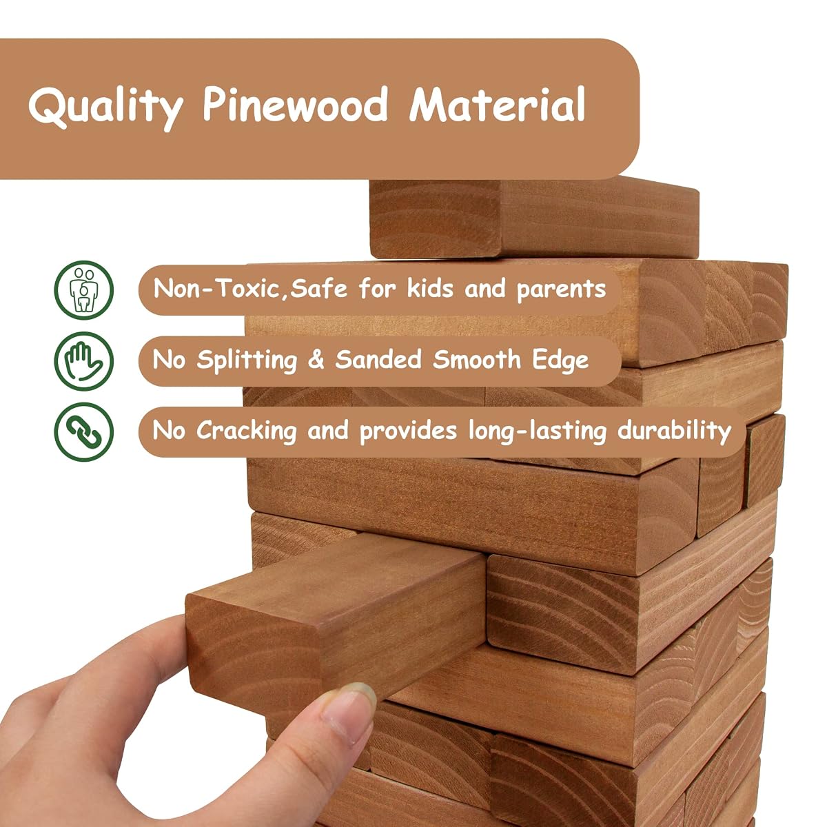 Juegoal 54 Pieces Giant Tumble Tower Blocks Game Giant Wood Stacking Game with 1 Dice Set, Gameboard, Canvas Bag for Adult, Kids, Family, Brown - imagen de detalle 4