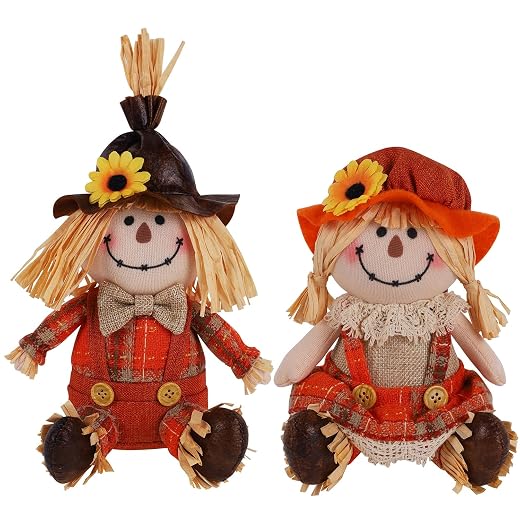 Juegoal 2 Pack Fall Tabletop Decorations Scarecrows, Thanksgiving Harvest Handmade Scarecrow, Autumn Shelf Sitters Figurine Gifts, Home Table Centerpieces Housewarming Present Holiday Decor, Shape A