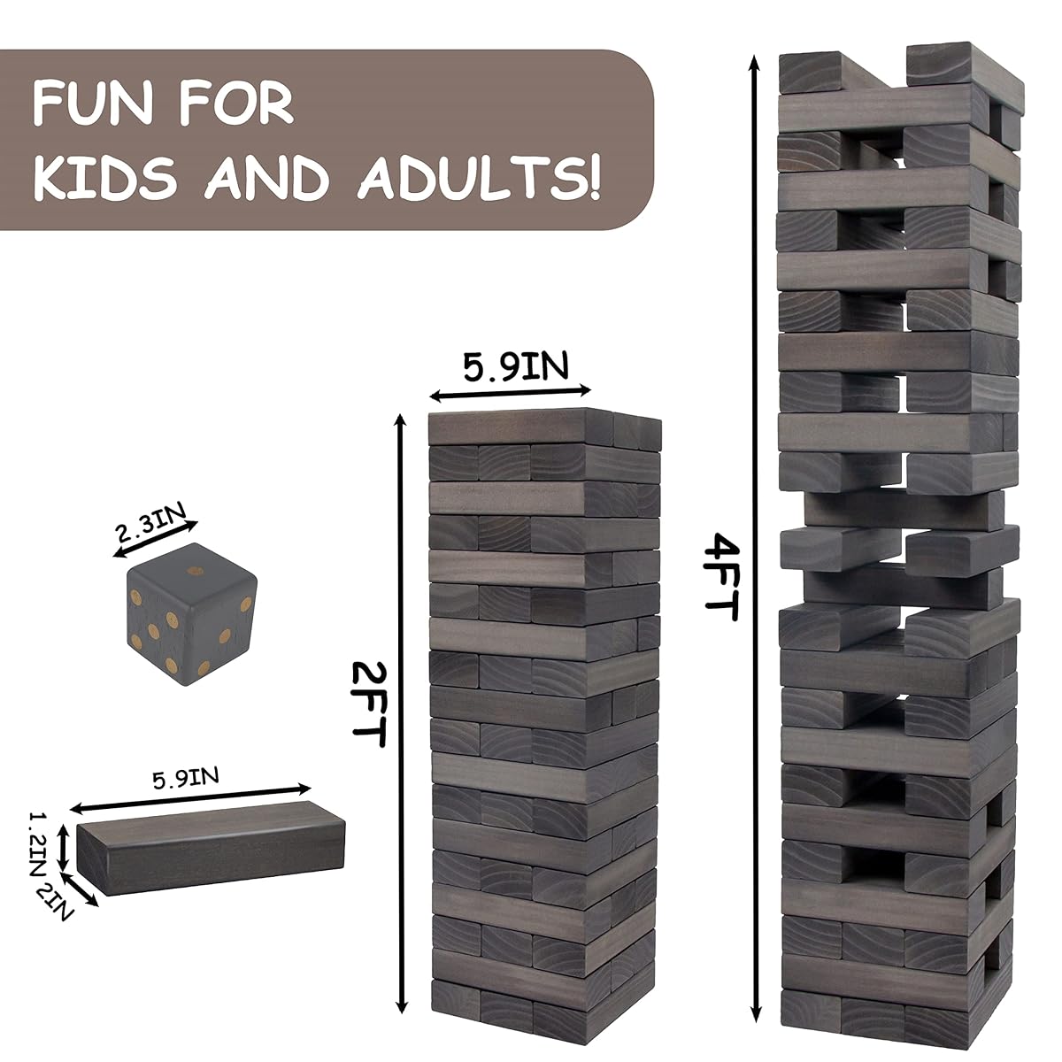 Juegoal 54 Pieces Giant Tumble Tower Blocks Game Giant Wood Stacking Game with 1 Dice Set, Gameboard, Canvas Bag for Adult, Kids, Family, Grey - imagem de detalhe 1