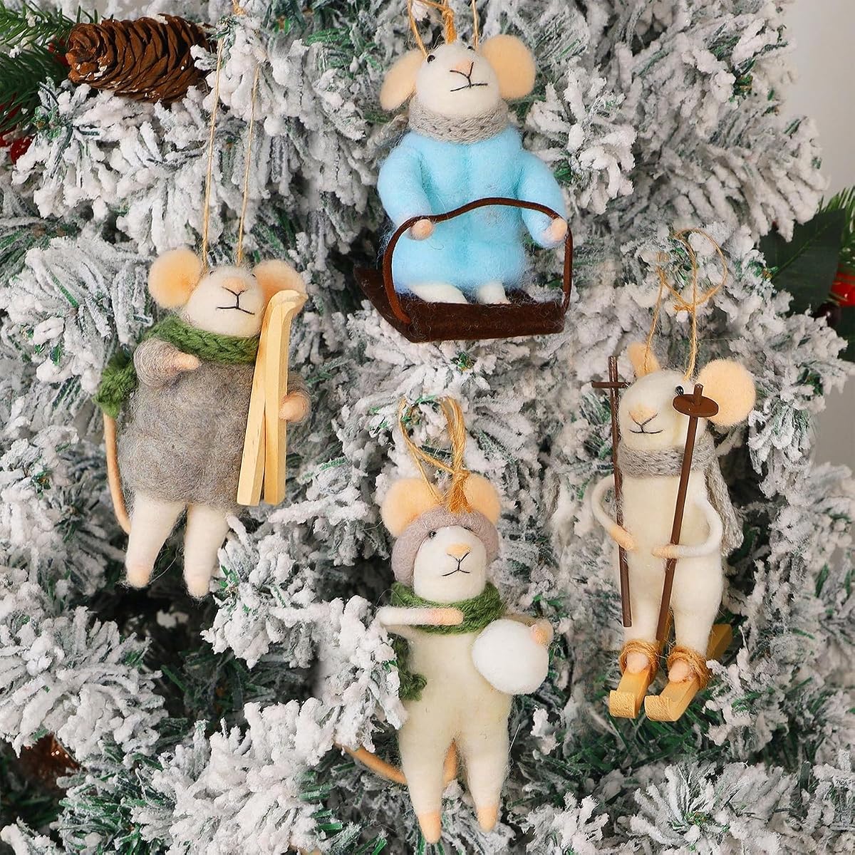 Juegoal Felt Skiing Mice Ornaments Set of 4, Winter Xmas Wool White Mouse Hanging Decor, Felt Animal Crafts Woodland Cute Christmas Tree Wreath Decor for Home Party Supplies - detail image 3
