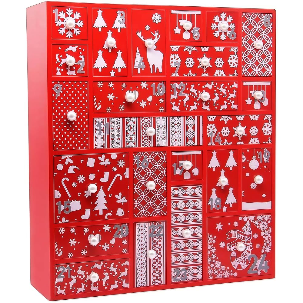 Juegoal Red Advent Calendar with 24 Drawers Countdown to Christmas, Refillable Wooden Advent, 15 Inches Tall