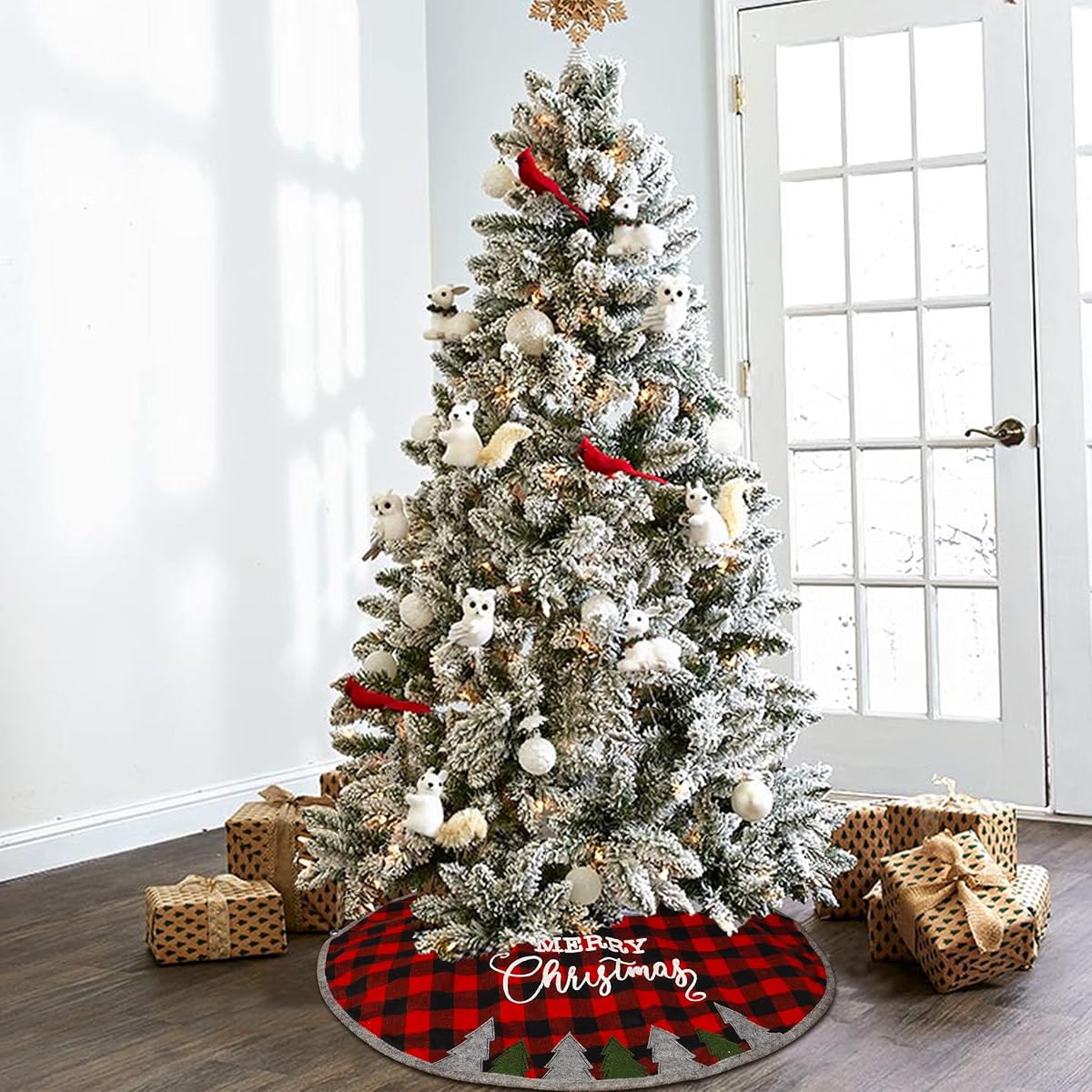 Juegoal 32 Inch Christmas Tree Skirt, Soft Red and Black Plaid Christmas Tree Mat for Xmas Party Decoration, Merry Christmas Base Cover for Christmas Tree Holiday Decor - imagem de detalhe 2
