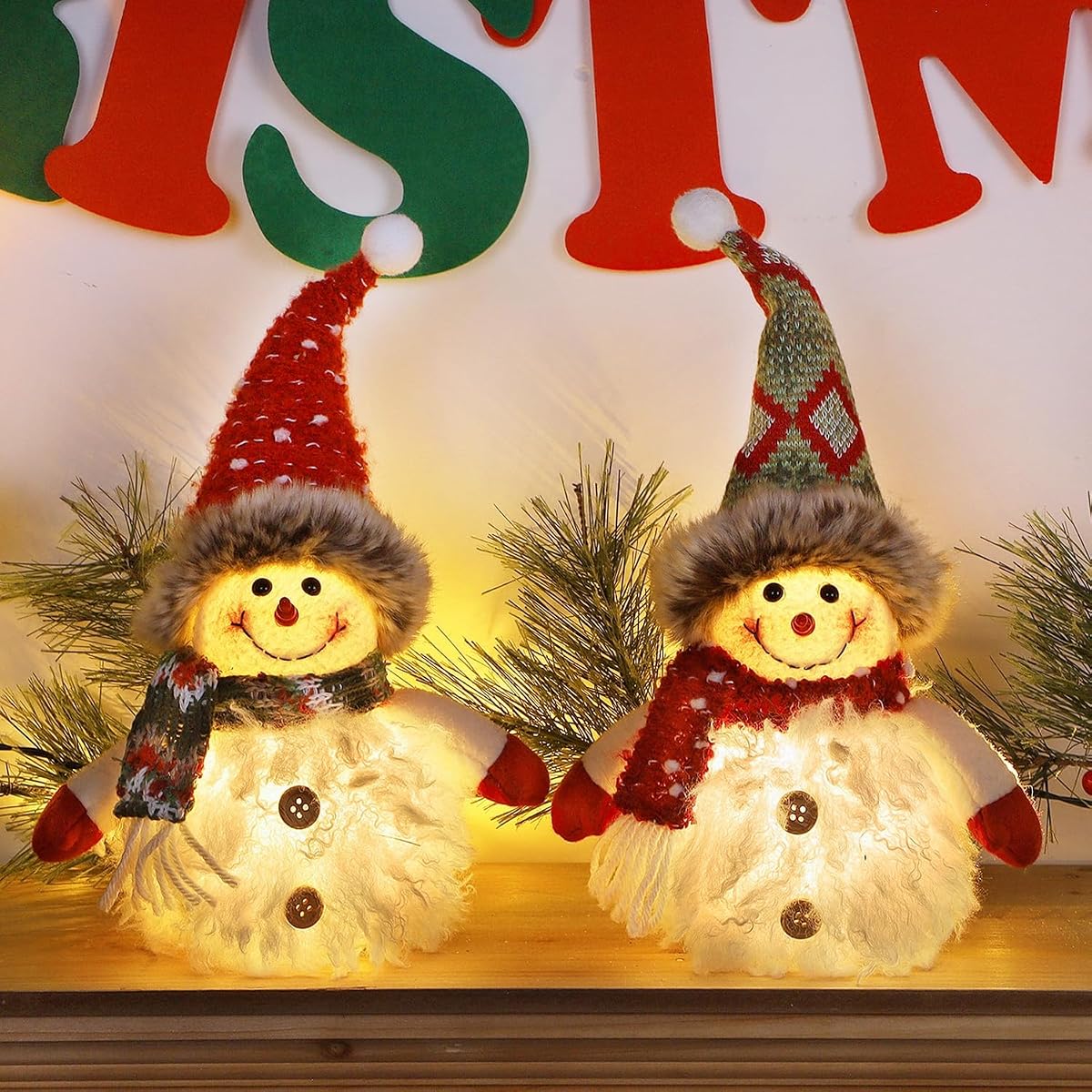 Juegoal 2 Pack Christmas Table Decorations, 10 Inch Lighted Snowmen Figurines, Light Up Snowman Holiday Present, Battery Operated Xmas Gifts Tabletop Ornaments Dinner Party Supplies, Brown Brim - imagem de detalhe 5