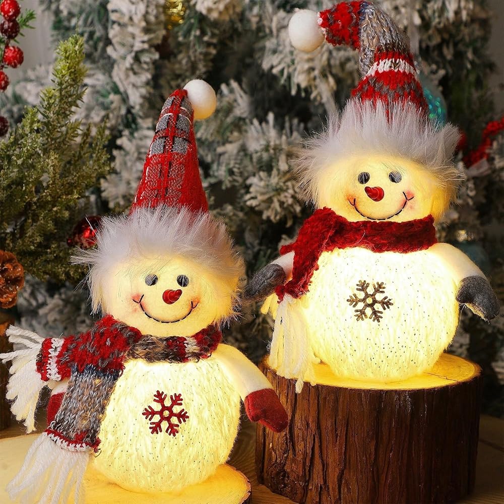 Juegoal 2 Pack Christmas Table Decorations, 10 Inch Lighted Snowmen Figurines, Light Up Snowman Holiday Present, Battery Operated Xmas Gifts Winter Tabletop Ornaments Dinner Party Supplies