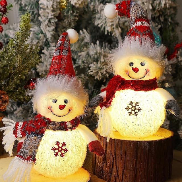 Juegoal 2 Pack Christmas Table Decorations, 10 Inch Lighted Snowmen Figurines, Light Up Snowman Holiday Present, Battery Operated Xmas Gifts Winter Tabletop Ornaments Dinner Party Supplies