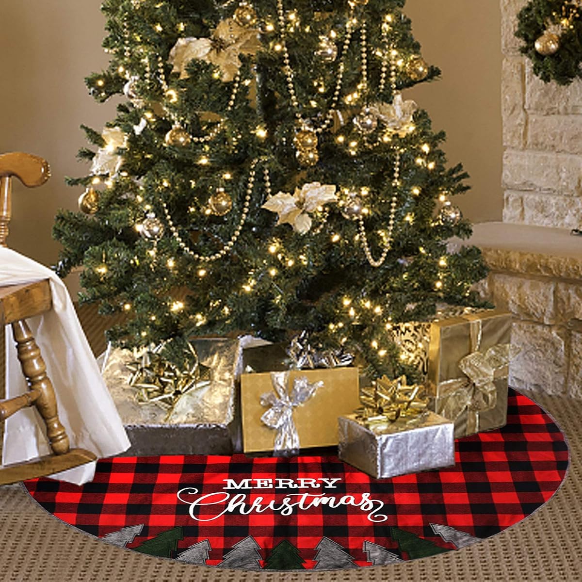 Juegoal 48 Inch Christmas Tree Skirt, Soft Red and Black Plaid Christmas Tree Mat for Xmas Party Decoration, Christmas Tree Holiday Decor - imagen de detalle 5