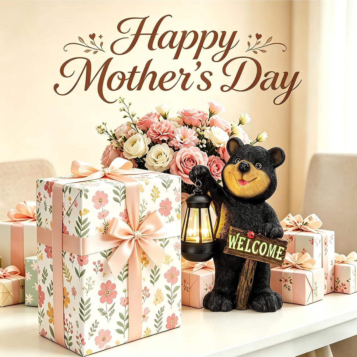 Juegoal Garden Bear Statue with Solar LED Lantern, Luminous Welcome Sign, Gifts for Mom Yard Art, Whimsical Figurine Large Sculpture Lighted Outdoor Mother's Day Spring Decorations for Lawn, Porch - detail image 1