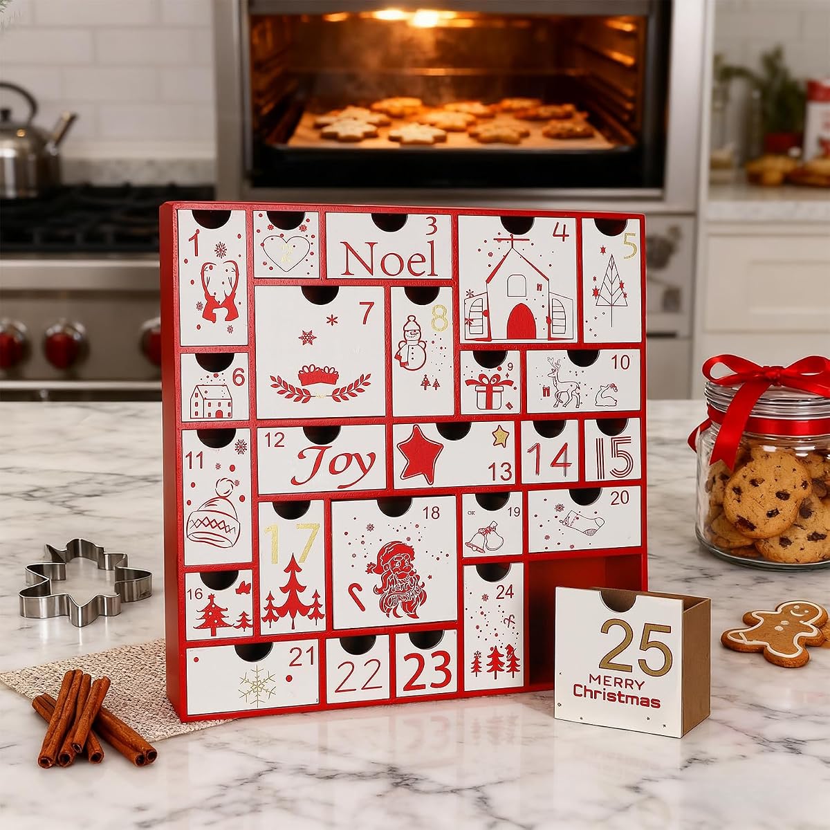 Juegoal Advent Calendar, 11.8'' Red Wooden Advent Calendars with 25 Storage Drawers Countdown to Christmas 2025, Christmas Advent Holiday Decor - imagen de detalle 2