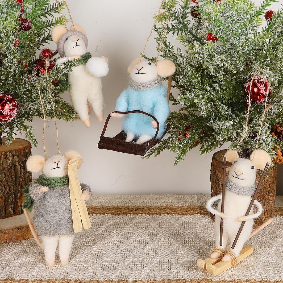 Juegoal Felt Skiing Mice Ornaments Set of 4, Winter Xmas Wool White Mouse Hanging Decor, Felt Animal Crafts Woodland Cute Christmas Tree Wreath Decor for Home Party Supplies - detail image 5