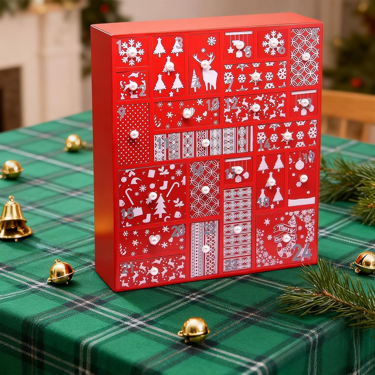Juegoal Red Advent Calendar with 24 Drawers Countdown to Christmas, Refillable Wooden Advent, 15 Inches Tall - imagem de detalhe 1