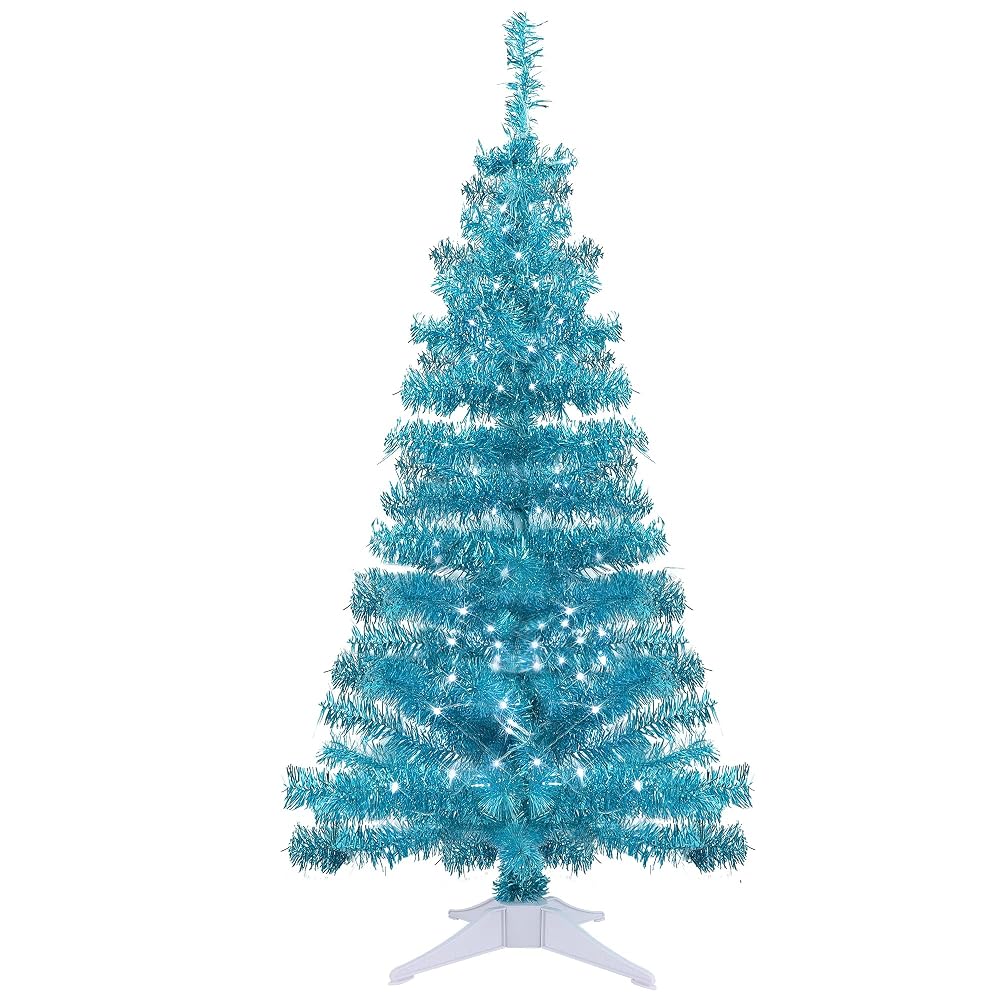 Juegoal 4 FT Lighted Artificial Christmas Tree, Pre-lit Green Tinsel Pine Spruce Tree, Light up with 70 White LED Lights Battery Powered, 8 Modes & Timer for Xmas Holiday Winter Home Party Decor