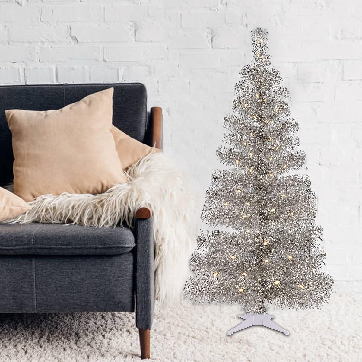 Juegoal 4 FT Pre-lit Artificial Christmas Tree, Lighted Silver Tinsel Pencil Pine Spruce Trees with 70 Warm White LED Lights, 8 Lighting Mode & Timer for Xmas Holiday Winter Home Party Decor - detail image 6