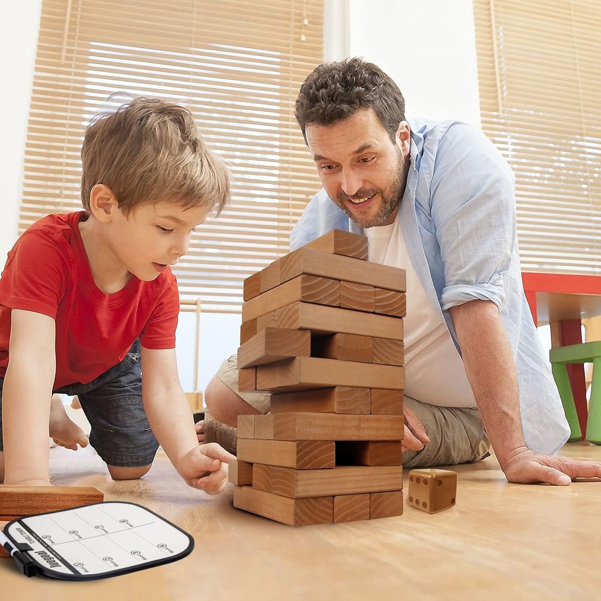 Juegoal 54 Pieces Giant Tumble Tower Blocks Game Giant Wood Stacking Game with 1 Dice Set, Gameboard, Canvas Bag for Adult, Kids, Family, Brown - imagen de detalle 6
