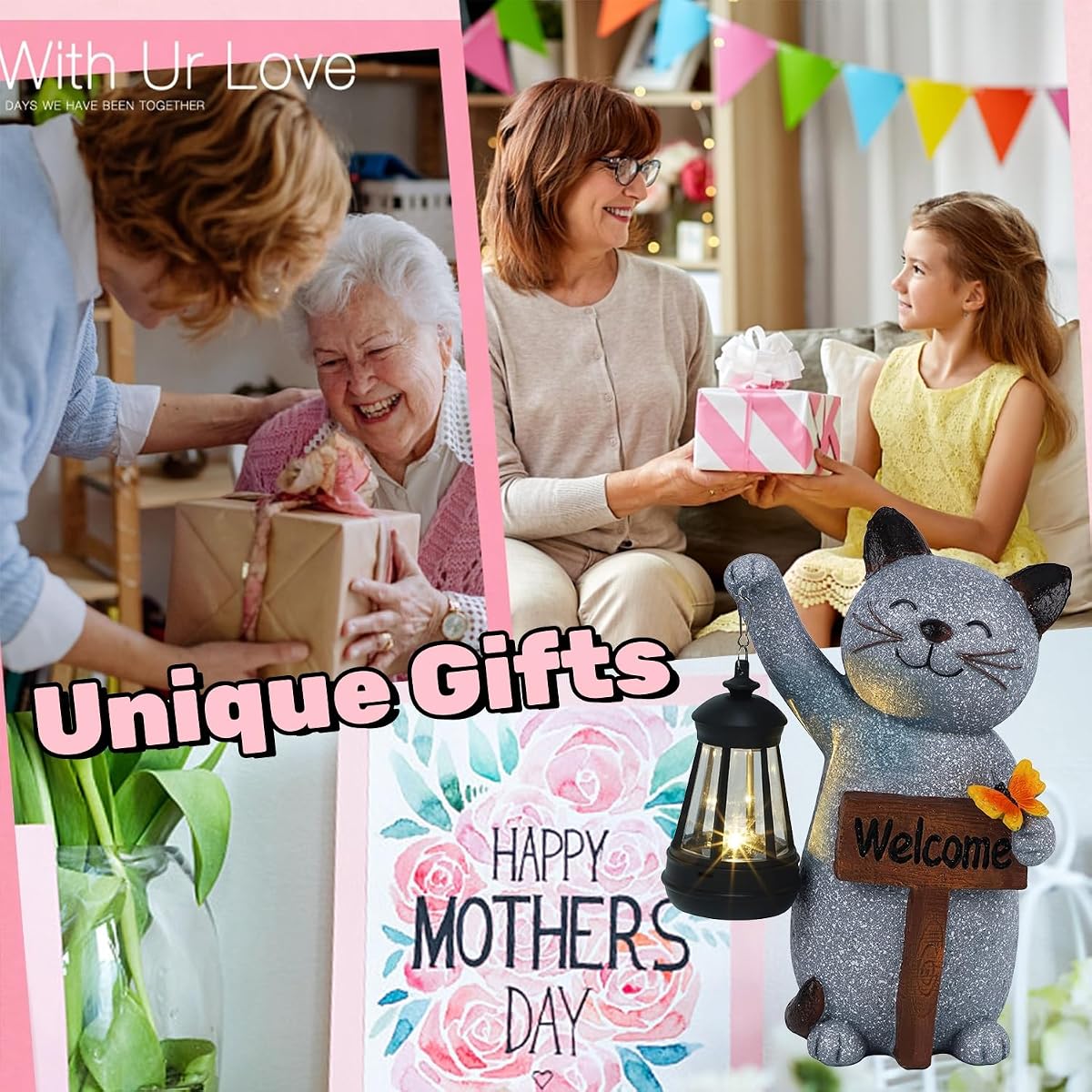 Juegoal Garden Statue Solar Cat Figurine with LED Lantern, Mothers Day 10" Resin Kitten Hold Welcome Sign, Outdoor Whimsical Lawn Porch, Lighted Housewarming Birthday for Mom Grandma - imagem de detalhe 5