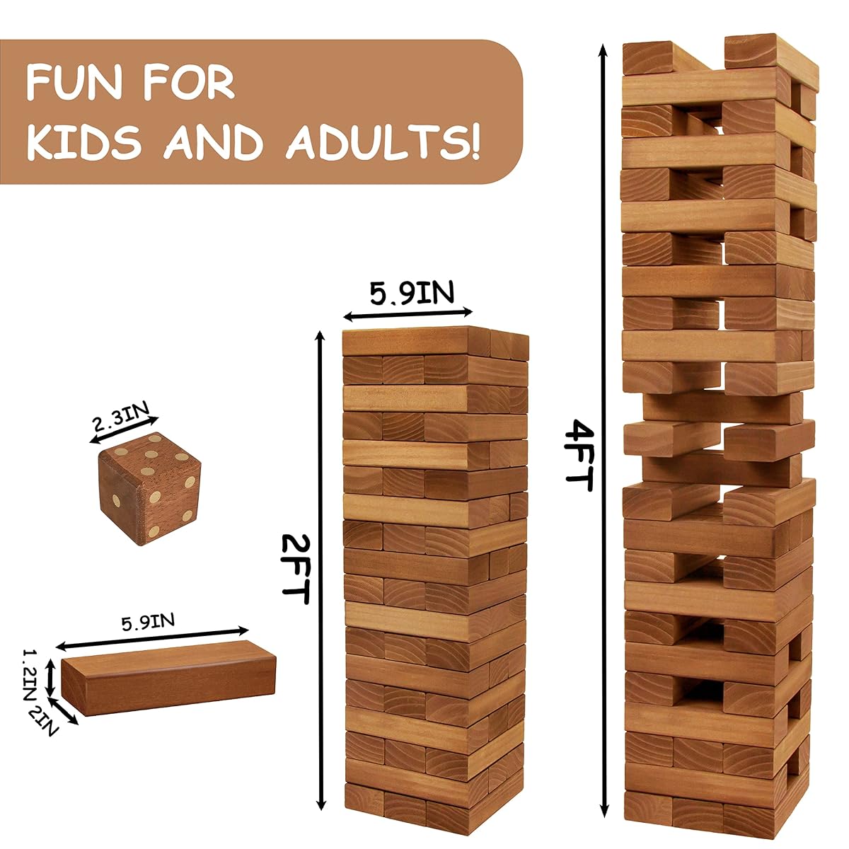 Juegoal 54 Pieces Giant Tumble Tower Blocks Game Giant Wood Stacking Game with 1 Dice Set, Gameboard, Canvas Bag for Adult, Kids, Family, Brown - imagen de detalle 1