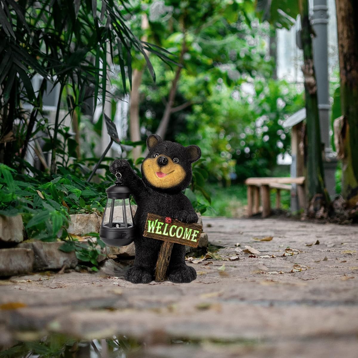 Juegoal Garden Bear Statue with Solar LED Lantern, Luminous Welcome Sign, Gifts for Mom Yard Art, Whimsical Figurine Large Sculpture Lighted Outdoor Mother's Day Spring Decorations for Lawn, Porch - detail image 6
