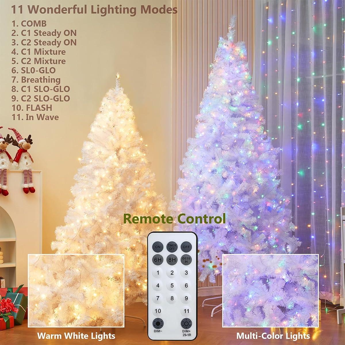 Juegoal 6 FT Artificial Christmas Tree (NOT Pre-Strung) with Remote Control, 300 LED Warm White & Multicolor Changing Lights, Fake Xmas Pine Tree with Metal Legs, 850 Branch Tips, White - detail image 2