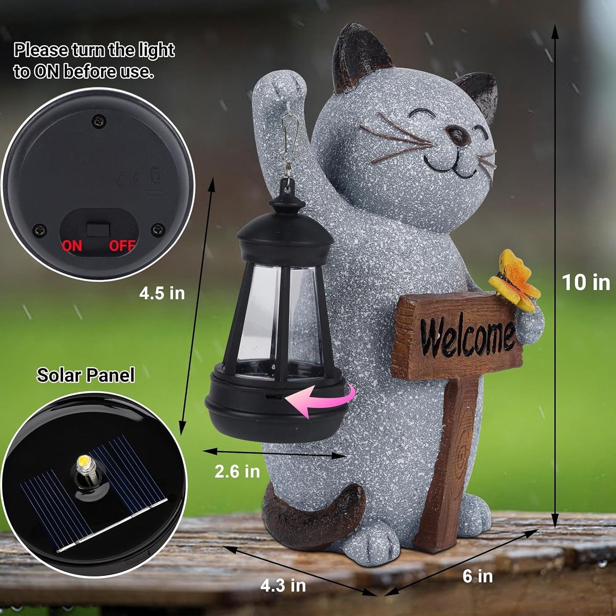 Juegoal Garden Statue Solar Cat Figurine with LED Lantern, Mothers Day 10" Resin Kitten Hold Welcome Sign, Outdoor Whimsical Lawn Porch, Lighted Housewarming Birthday for Mom Grandma - imagem de detalhe 2