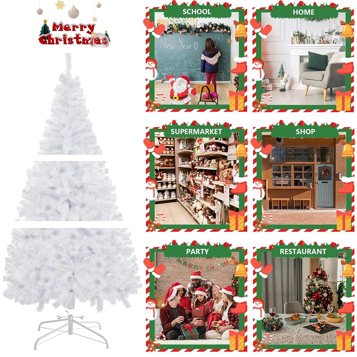Juegoal 6 FT Artificial Christmas Tree (NOT Pre-Strung) with Remote Control, 300 LED Warm White & Multicolor Changing Lights, Fake Xmas Pine Tree with Metal Legs, 850 Branch Tips, White - detail image 6