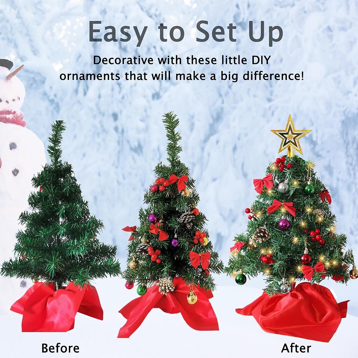 Juegoal 2 Pack Mini Christmas Tree Set 24 Inch / 2 FT, Table Top Artificial Christmas Trees with 50 LED Lights, Xmas Ornaments and Red Berries, Best DIY Christmas Decorations - imagen de detalle 3