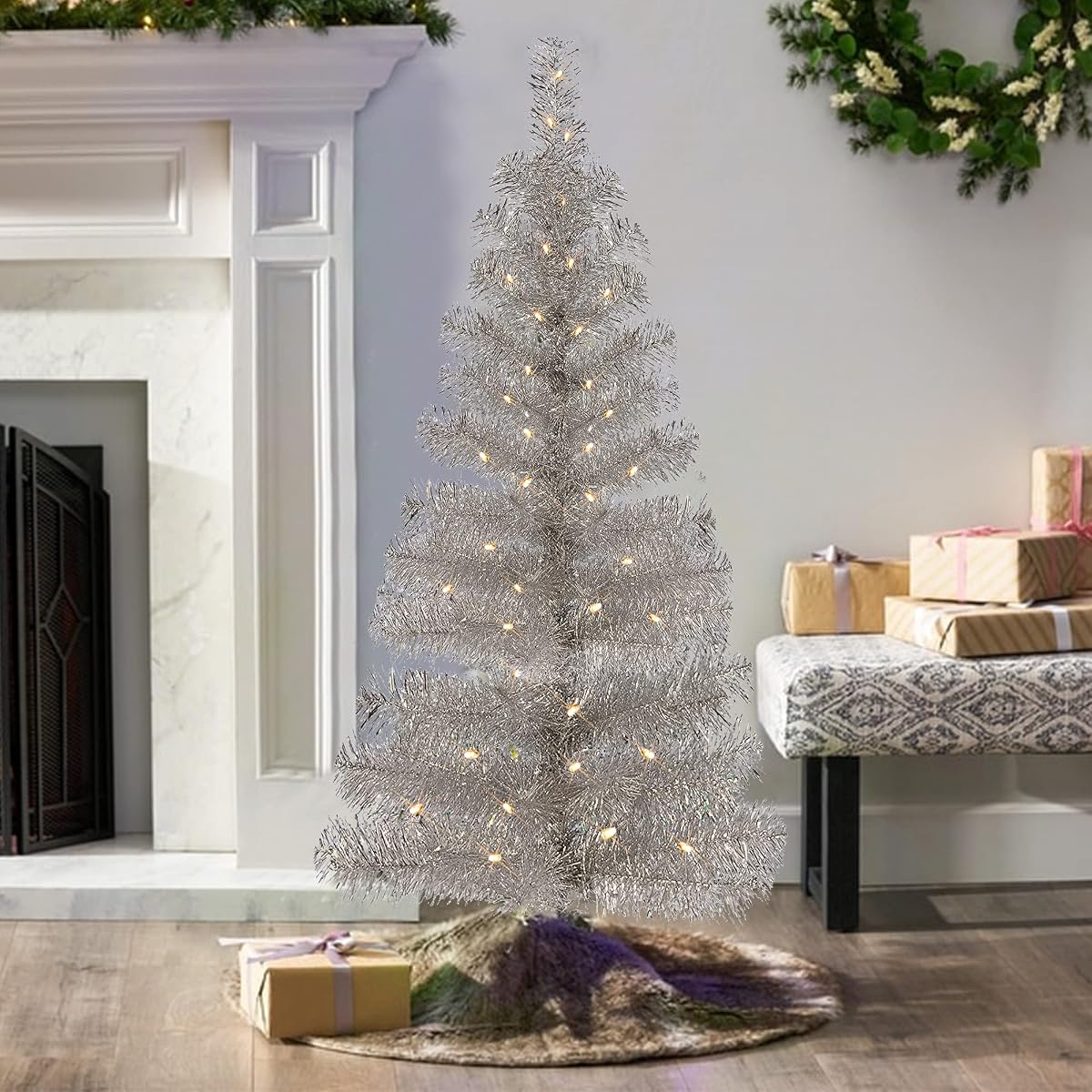 Juegoal 4 FT Pre-lit Artificial Christmas Tree, Lighted Silver Tinsel Pencil Pine Spruce Trees with 70 Warm White LED Lights, 8 Lighting Mode & Timer for Xmas Holiday Winter Home Party Decor - detail image 4
