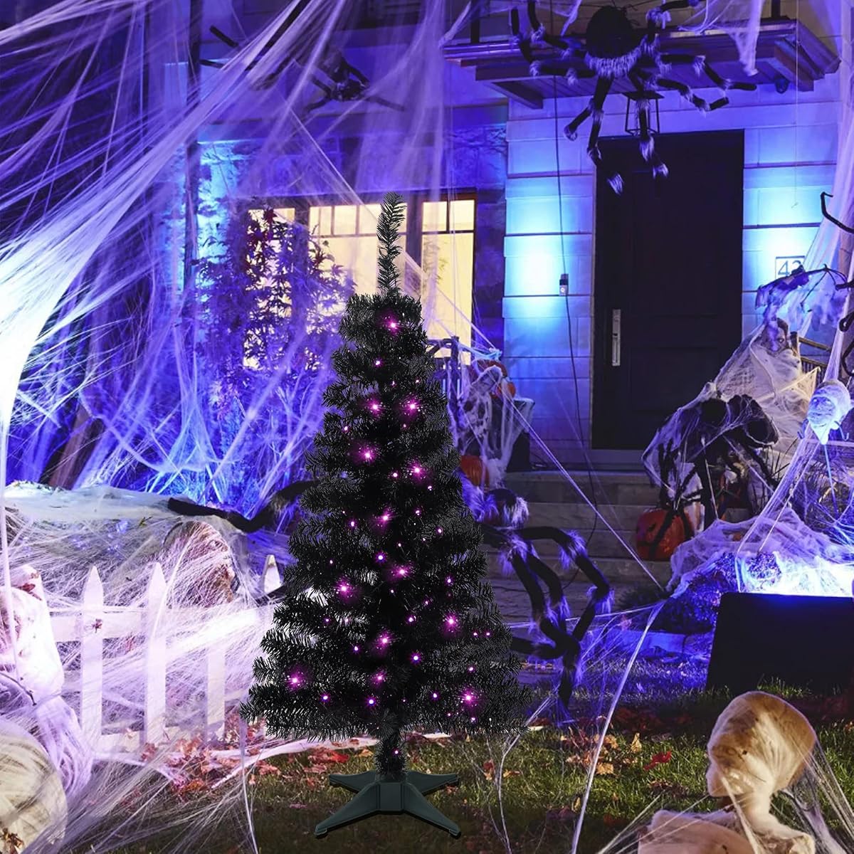 Juegoal Lighted Artificial Halloween Black Christmas Tree, 4FT Black Tinsel Pine Tree with 70 LED Purple Lights, 8 Modes & Timer for Home Party Decorations - detail image 1