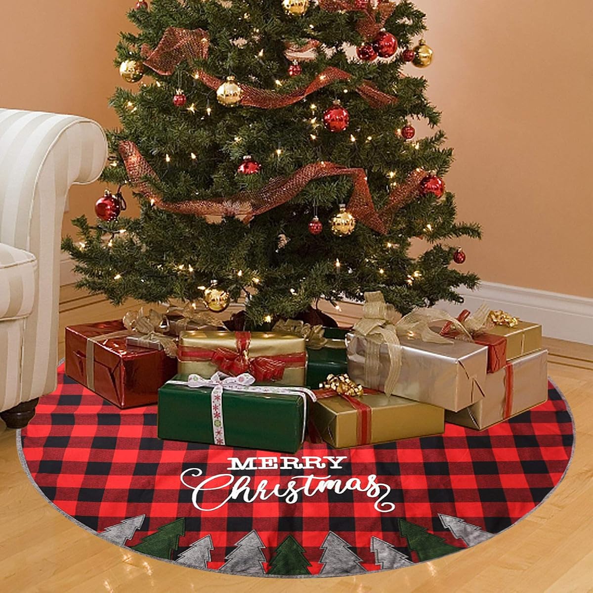 Juegoal 48 Inch Christmas Tree Skirt, Soft Red and Black Plaid Christmas Tree Mat for Xmas Party Decoration, Christmas Tree Holiday Decor - imagen de detalle 1
