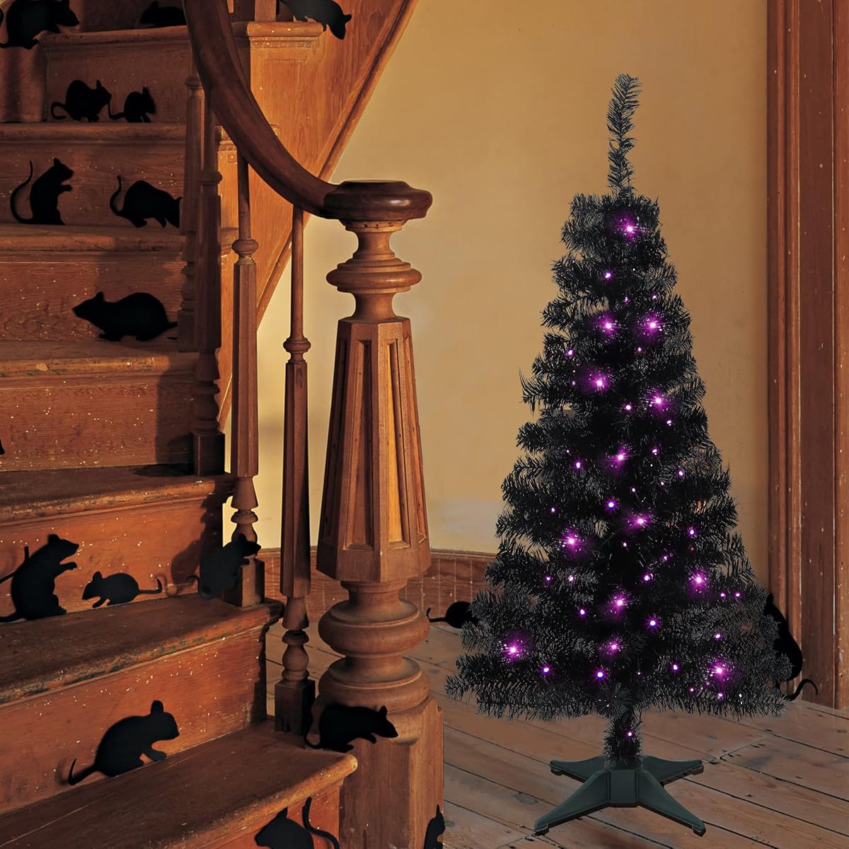 Juegoal Lighted Artificial Halloween Black Christmas Tree, 4FT Black Tinsel Pine Tree with 70 LED Purple Lights, 8 Modes & Timer for Home Party Decorations - detail image 4