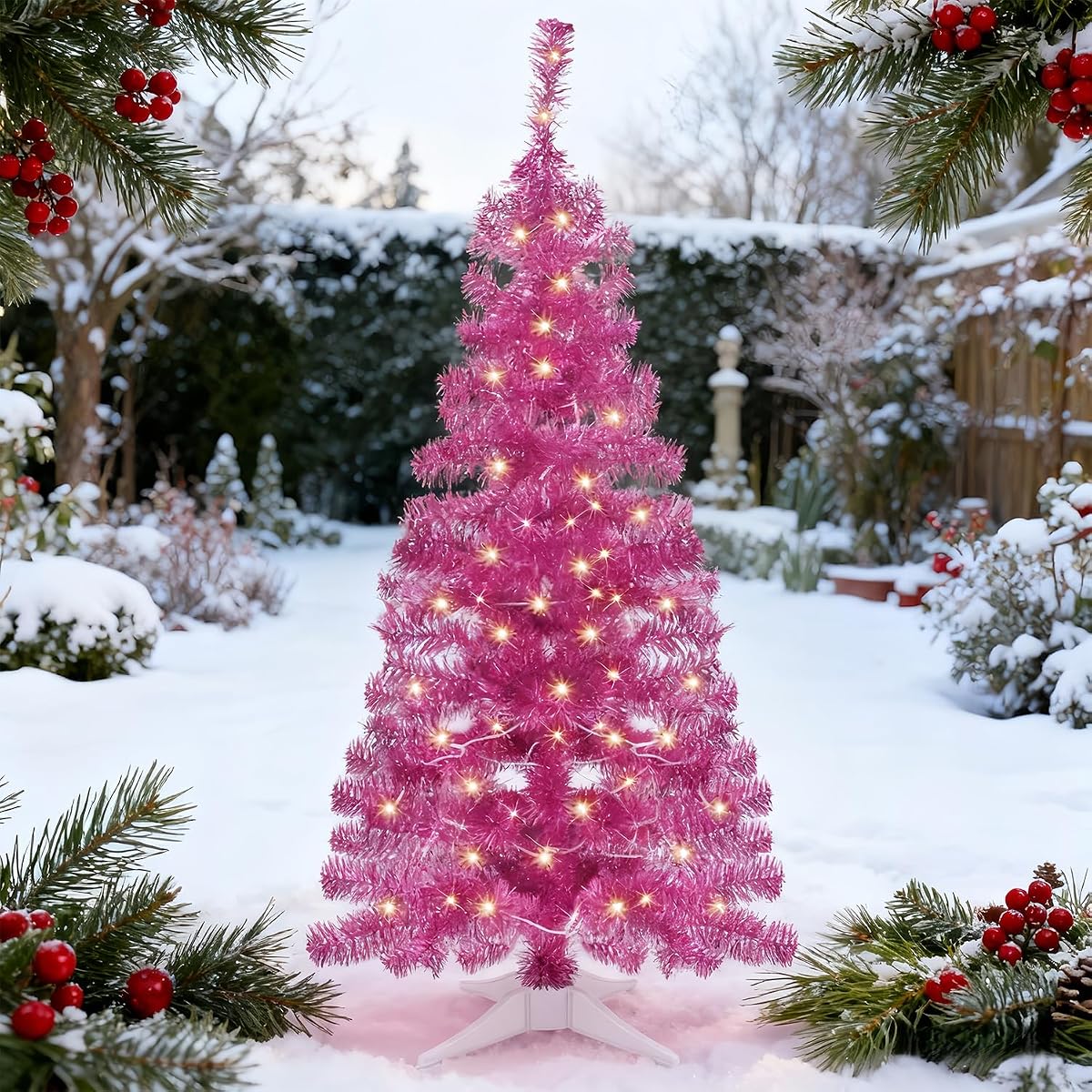 Juegoal Pink Artificial Tree, 4 FT Pre-lit Christmas Tree, Lighted Tinsel Pencil Pine Spruce Trees with Warm White Lights, 8 Lighting Mode Battery Powered for Xmas Holiday Winter Home Party Decor - detail image 6