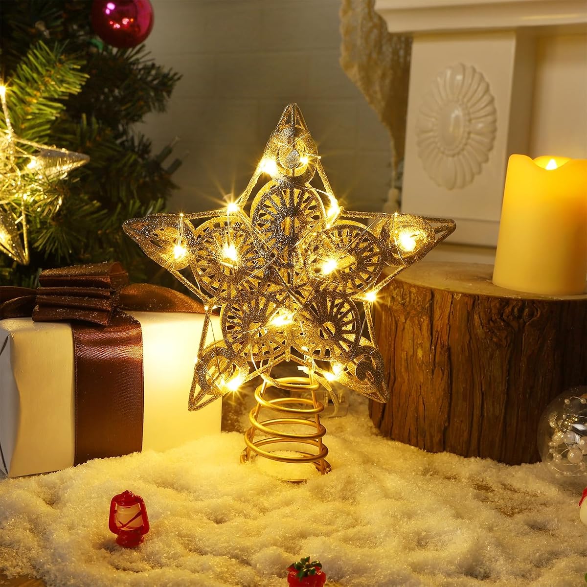 Juegoal Star Tree Topper with 20 LED Lights, Metal Golden Lighted Treetop Ornaments, Battery Powered Light Up Christmas Tree Decorations, 6.5 x 6.5 Inches - imagem de detalhe 2