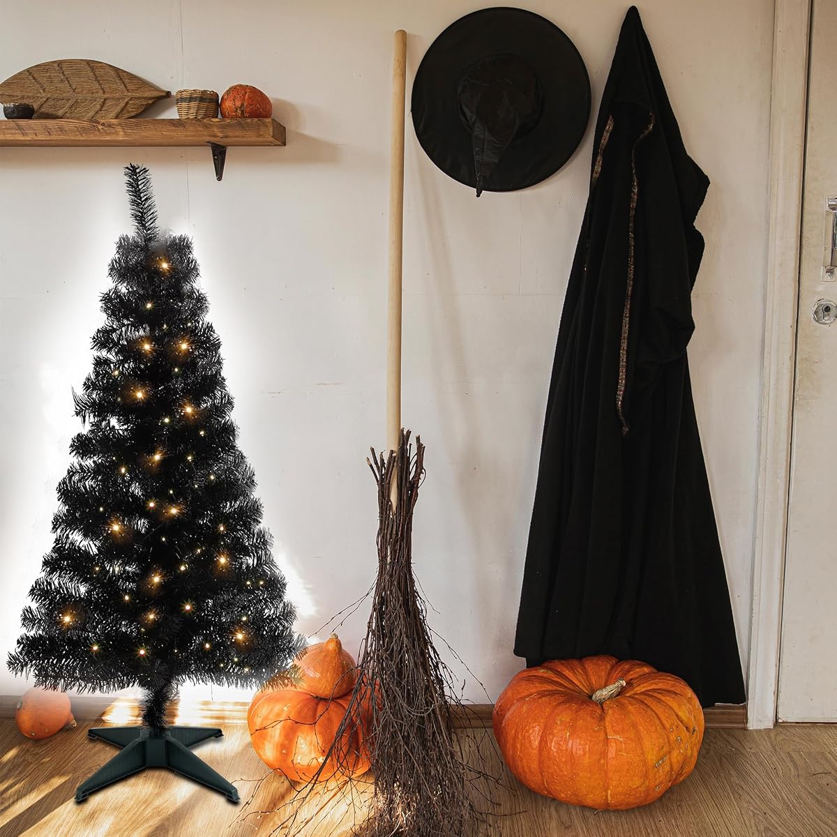 Juegoal Lighted Artificial Halloween Black Christmas Tree, Pre-lit 4 FT Black Tinsel Xmas Pine Trees, Light up with 70 LED Lights Battery Powered, 8 Modes & Timer for Home Office Party Decorations - detail image 6