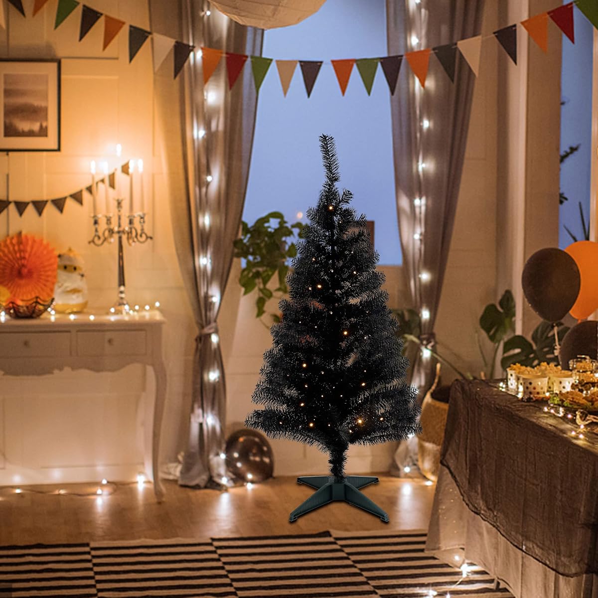 Juegoal Lighted Artificial Halloween Black Christmas Tree, Pre-lit 4 FT Black Tinsel Xmas Pine Trees, Light up with 70 LED Lights Battery Powered, 8 Modes & Timer for Home Office Party Decorations - detail image 1