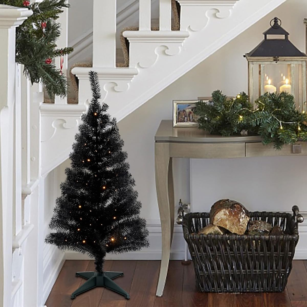 Juegoal Lighted Artificial Halloween Black Christmas Tree, Pre-lit 4 FT Black Tinsel Xmas Pine Trees, Light up with 70 LED Lights Battery Powered, 8 Modes & Timer for Home Office Party Decorations - detail image 4