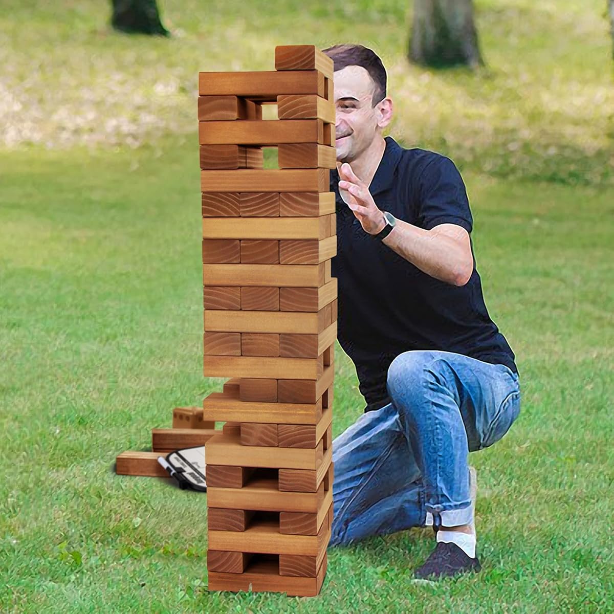 Juegoal 54 Pieces Giant Tumble Tower Blocks Game Giant Wood Stacking Game with 1 Dice Set, Gameboard, Canvas Bag for Adult, Kids, Family, Brown - imagen de detalle 5