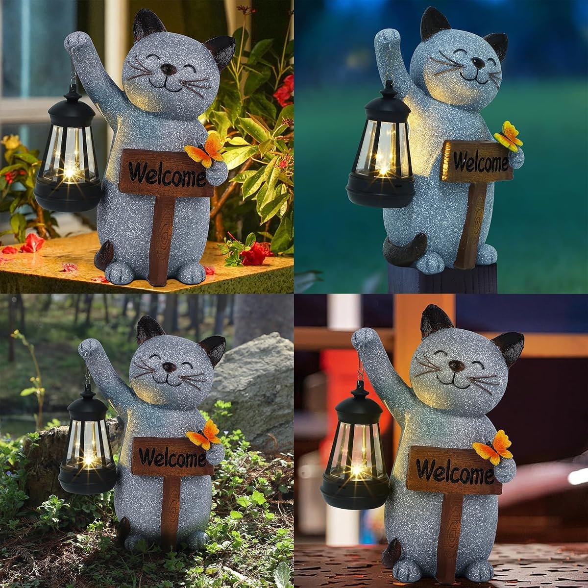 Juegoal Garden Statue Solar Cat Figurine with LED Lantern, Mothers Day 10" Resin Kitten Hold Welcome Sign, Outdoor Whimsical Lawn Porch, Lighted Housewarming Birthday for Mom Grandma - imagem de detalhe 4