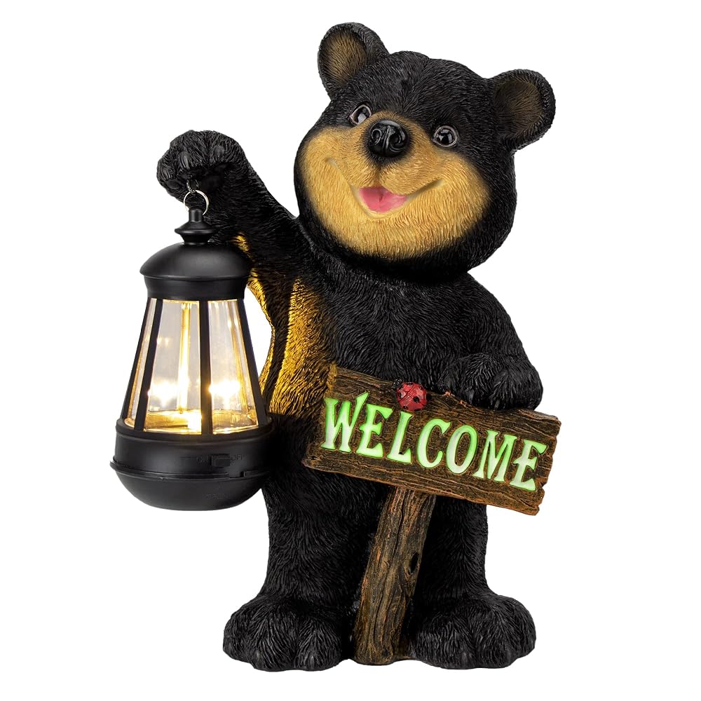 Juegoal Garden Bear Statue with Solar LED Lantern, Luminous Welcome Sign, Gifts for Mom Yard Art, Whimsical Figurine Large Sculpture Lighted Outdoor Mother's Day Spring Decorations for Lawn, Porch
