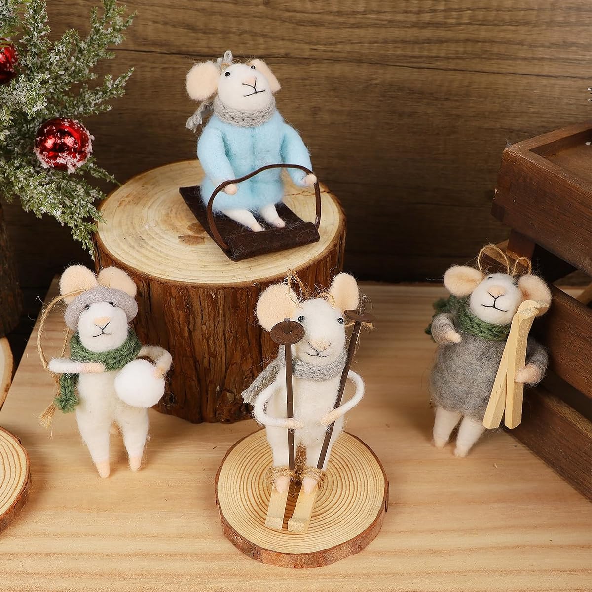 Juegoal Felt Skiing Mice Ornaments Set of 4, Winter Xmas Wool White Mouse Hanging Decor, Felt Animal Crafts Woodland Cute Christmas Tree Wreath Decor for Home Party Supplies - detail image 6