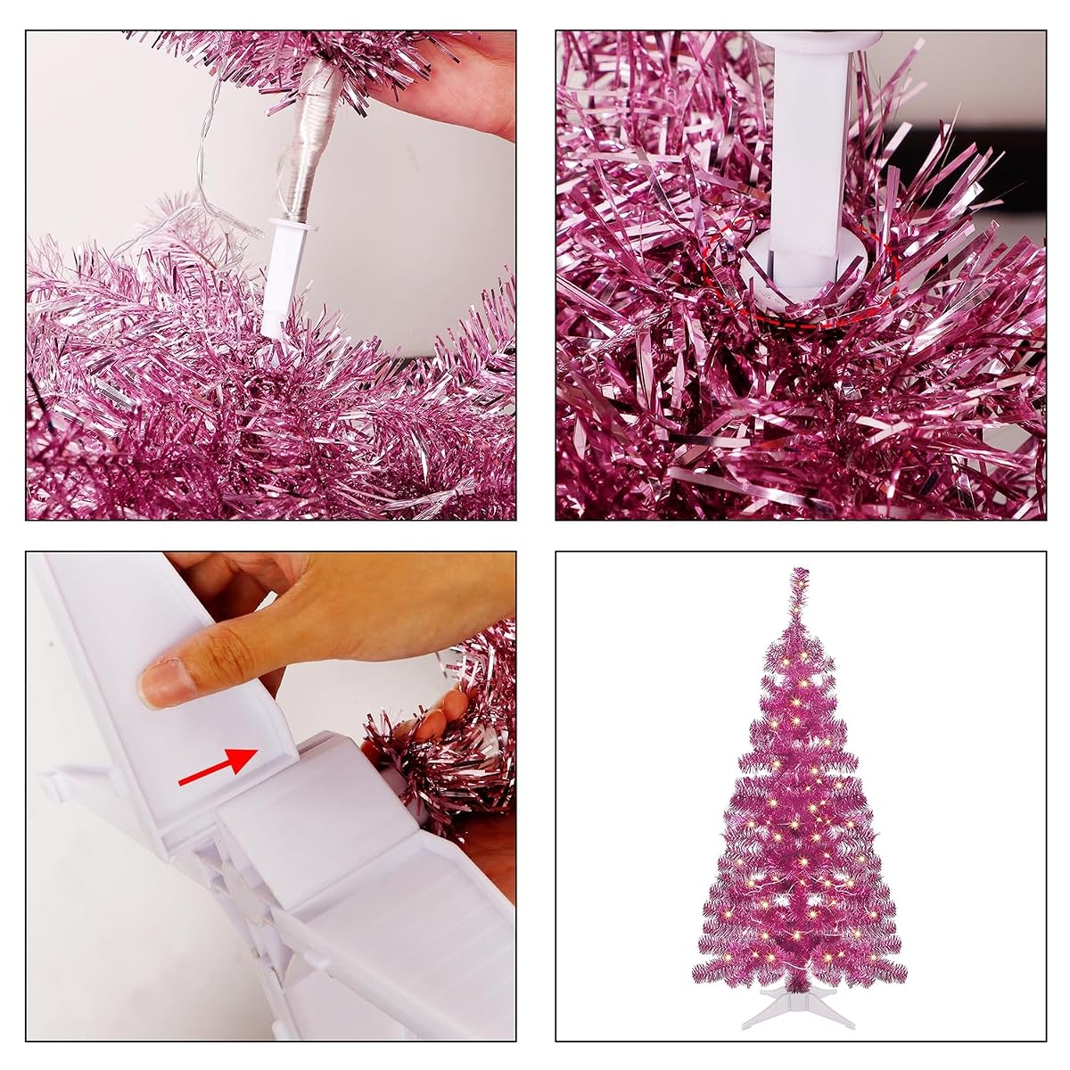 Juegoal Pink Artificial Tree, 4 FT Pre-lit Christmas Tree, Lighted Tinsel Pencil Pine Spruce Trees with Warm White Lights, 8 Lighting Mode Battery Powered for Xmas Holiday Winter Home Party Decor - detail image 5