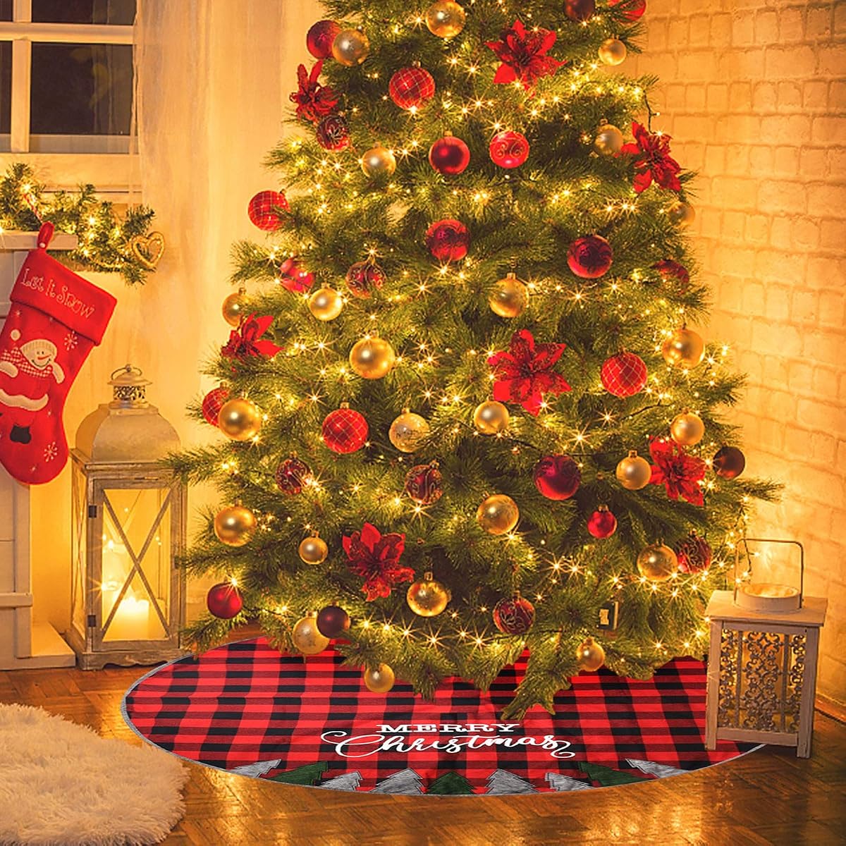 Juegoal 48 Inch Christmas Tree Skirt, Soft Red and Black Plaid Christmas Tree Mat for Xmas Party Decoration, Christmas Tree Holiday Decor - imagen de detalle 4