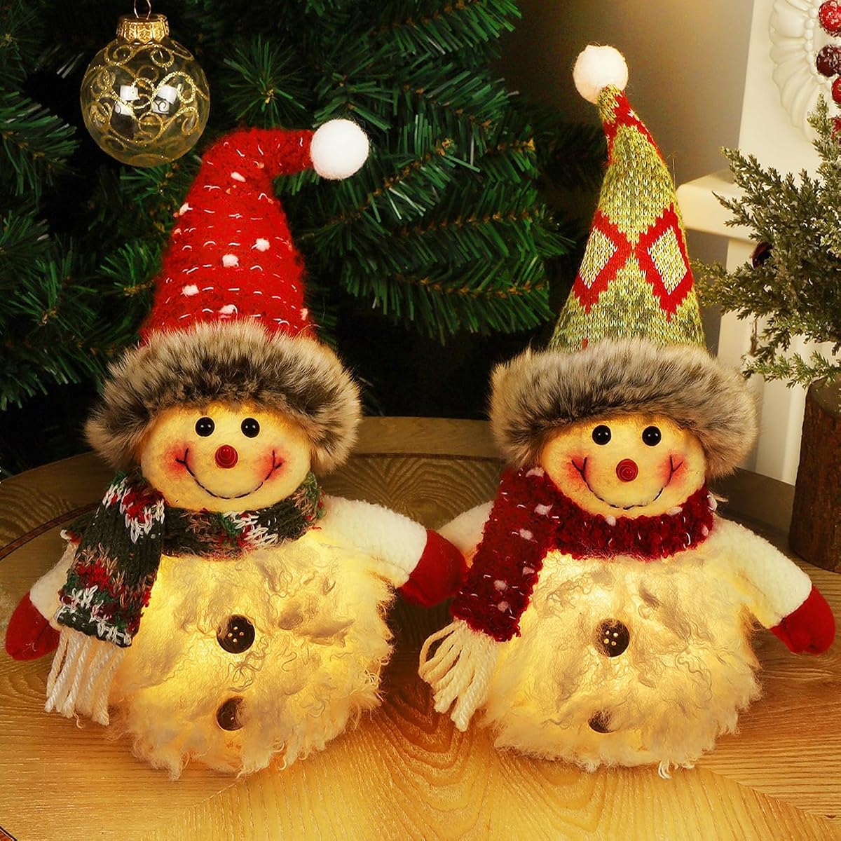 Juegoal 2 Pack Christmas Table Decorations, 10 Inch Lighted Snowmen Figurines, Light Up Snowman Holiday Present, Battery Operated Xmas Gifts Tabletop Ornaments Dinner Party Supplies, Brown Brim - imagem de detalhe 2